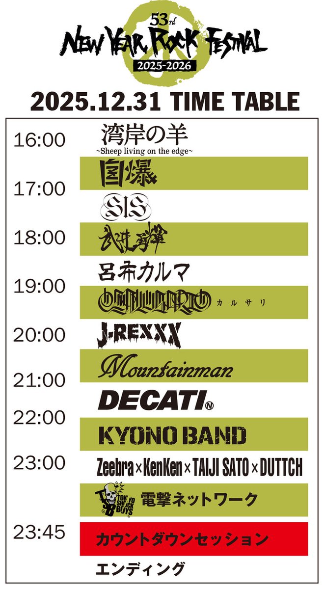 年越しロック・イベント"53rd New Year Rock Festival"、第3弾アーティストでTAIJI SATO×DUTTCH、武井勇輝、電撃ネットワーク発表！タイムテーブル公開！ gekirock.com/news/2025/11/5…

#NYRF