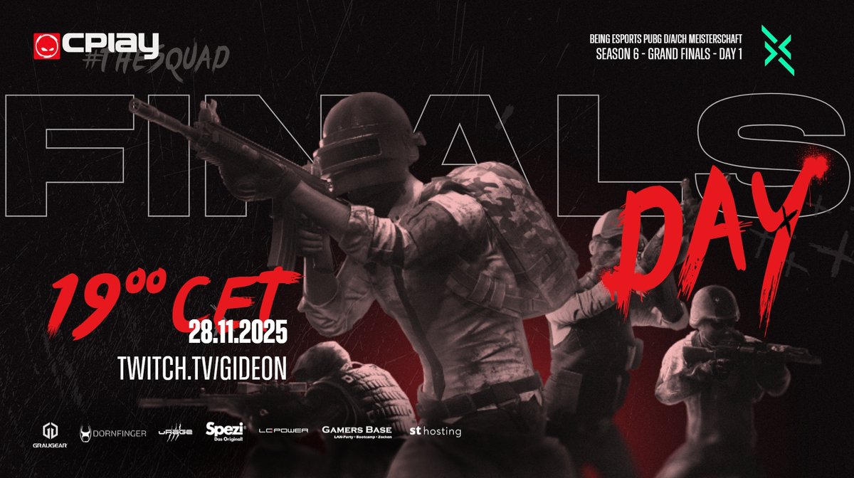 [#PUBG]

Es ist soweit das Finale der <a href="/BeingEsportsGER/">BEING ESPORTS DACH</a> DACH Meisterschaft startet heute mit dem ersten Spieltag🤠

🕗19 Uhr
📺twitch.tv/gideon

Viel Erfolg Boys🫡
<a href="/Mitsche_PubG/">Mitsche</a> <a href="/PalmePUBG/">Palme</a> <a href="/Milowitch1/">Milo</a> <a href="/jonas9366/">Jonas9366</a> 

#THESQUAD
