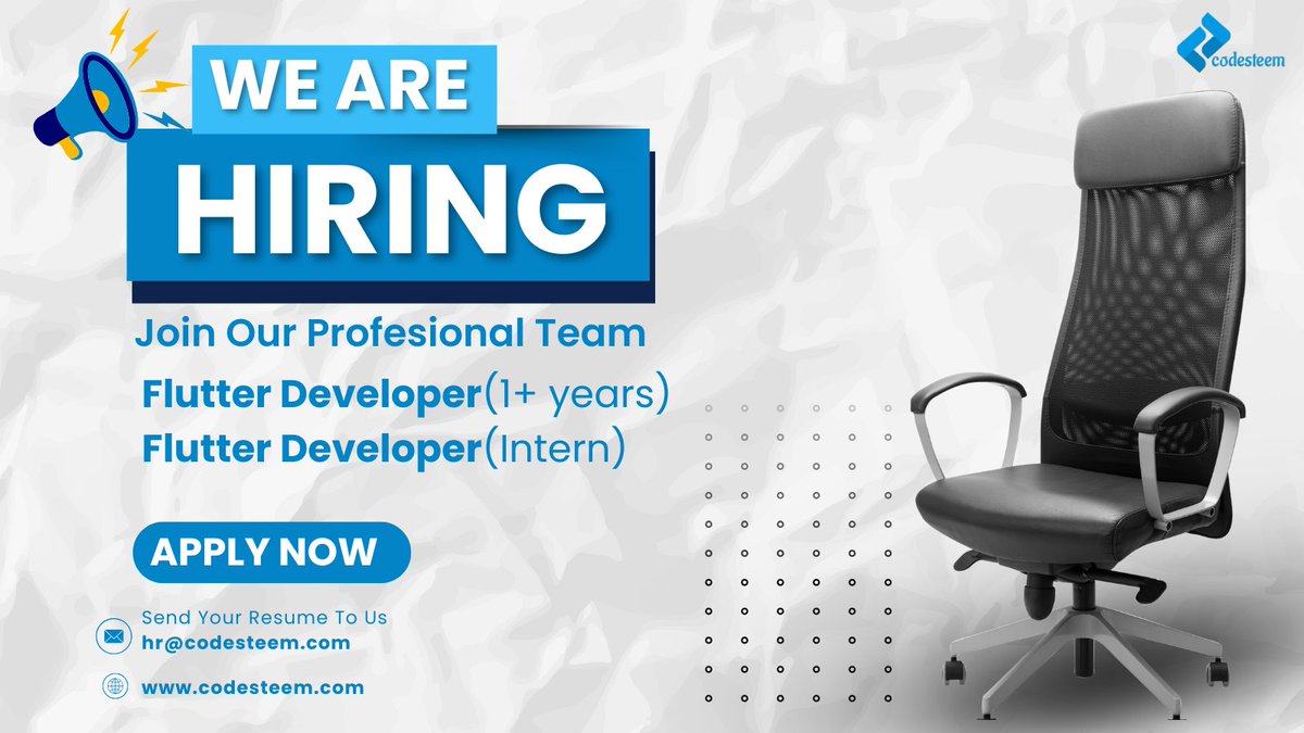 codesteemSol's tweet image. Now Hiring: Flutter Developer &amp;amp; Flutter Intern (Onsite) 🚀

Join Codesteem in Lahore to build high-performance mobile apps, collaborate with designers &amp;amp; devs, and grow your career.
📩 CV: hr@codesteem.com

#Flutter #MobileDev #TechJobs #WeAreHiring #Codesteem