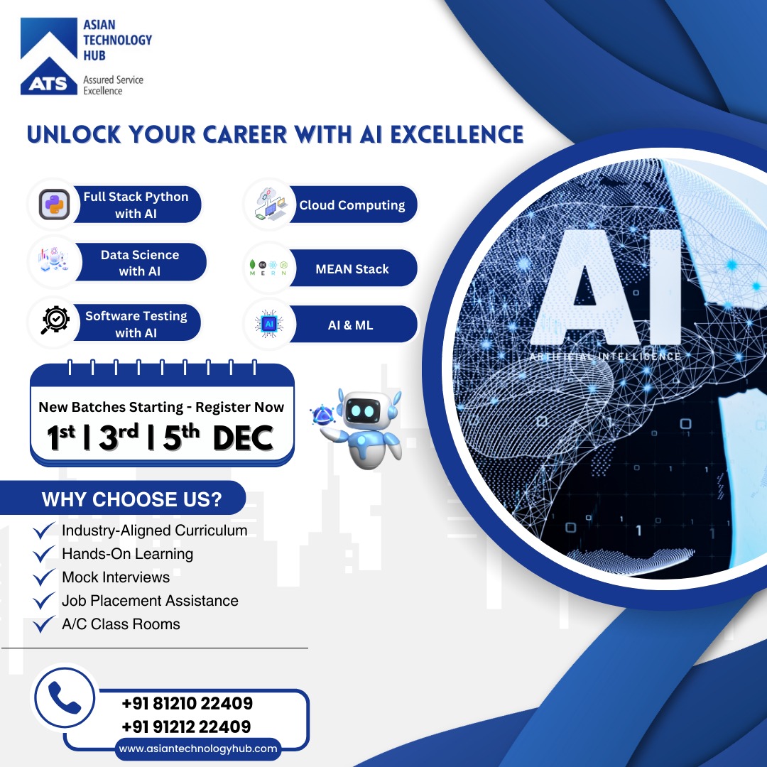 ATS_TechHub's tweet image. 🚀 Unlock your career with AI at Asian Technology Hub!
Learn Full Stack Python with AI, Data Science, Software Testing, Cloud &amp;amp; more.
New batches starting soon—1st, 3rd, 5th December.

📍 Hyderabad
🔗 tally.so/r/mREvJQ

#AI #Python #DataScience #AsianTechnologyHub