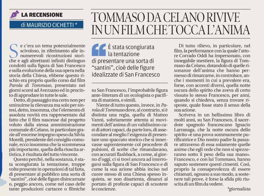 Recensione per il nostro film “Parola di Tommaso.