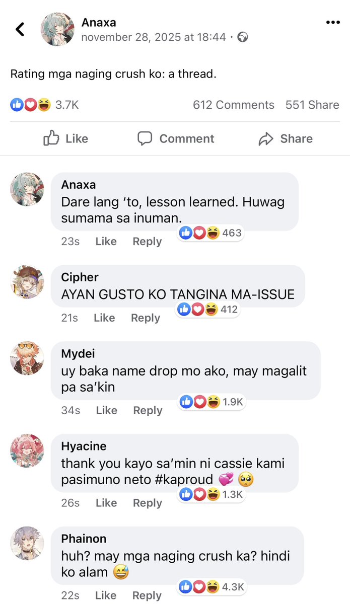 ━ ako nalang sana 🍻
a short filo #phainaxa socmed au

kung saan na-dare si anaxa na gumawa ng thread tungkol sa kanyang mga naging dating crush.

teka… luh? may naging mga crush si anaxa?!

enter: selosong boy bestfriend na si phainon!