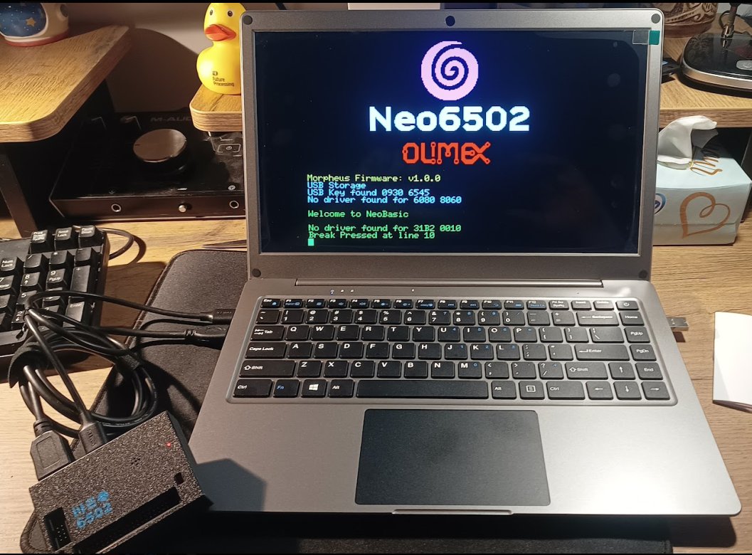 Olimex's tweet image. Thanks Wojciech Bocianski for the cool idea :) Retro computer laptops with 14&quot; LCD, keyboard and mousepad for Neo6502 and AgonLight2 will be available *very* soon! #retrocomputing #retrogaming @WDC65XX