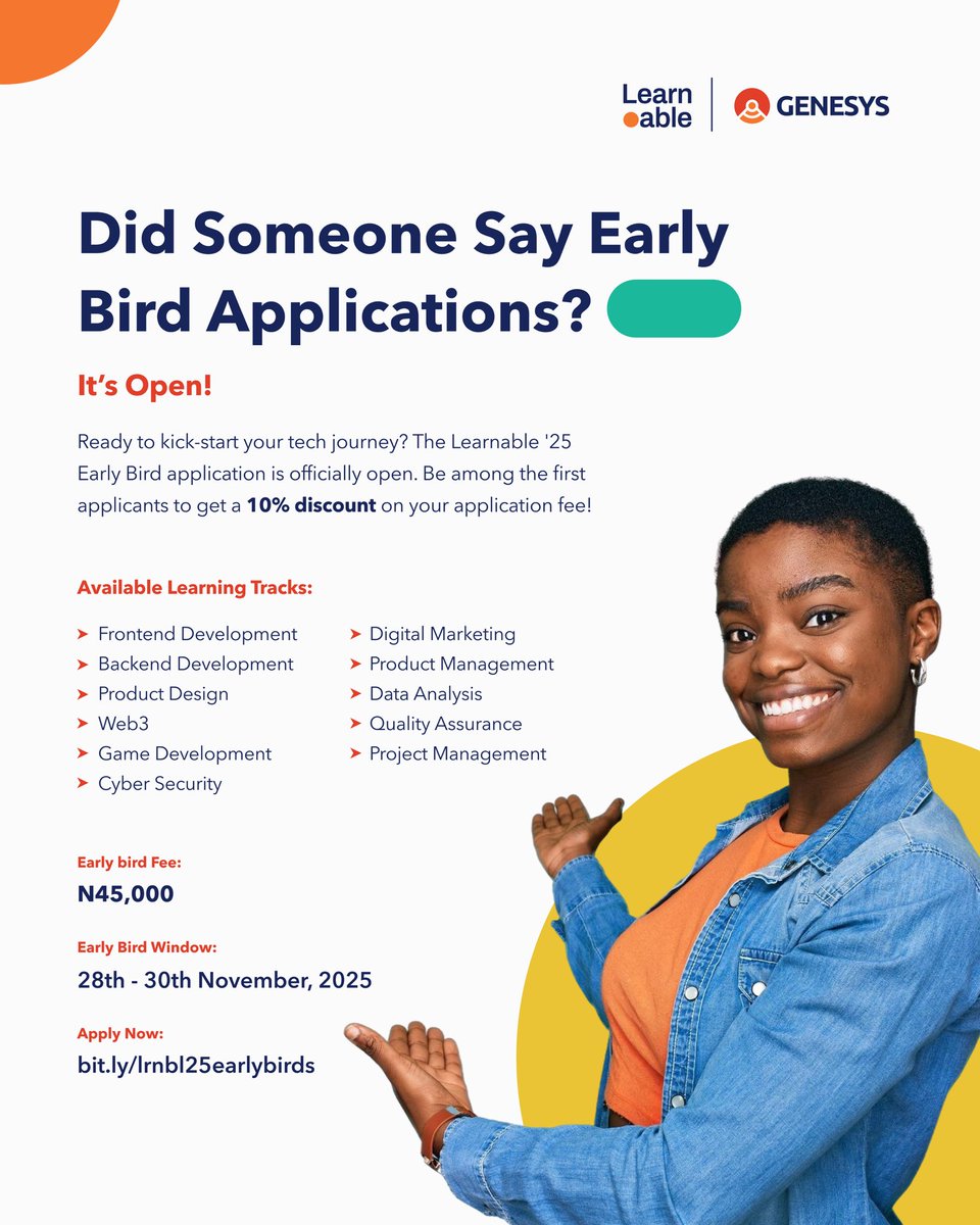 genesystechhub's tweet image. Did someone say Early Bird Applications? Yup, it&apos;s OPEN! 

Kick-start your tech journey with Learnable &apos;25 and snag a 10% discount on your application fee if you&apos;re quick! 

Learning Tracks:
Frontend | Backend | Game Dev | Cyber Security
Product Design | Digital Marketing |…