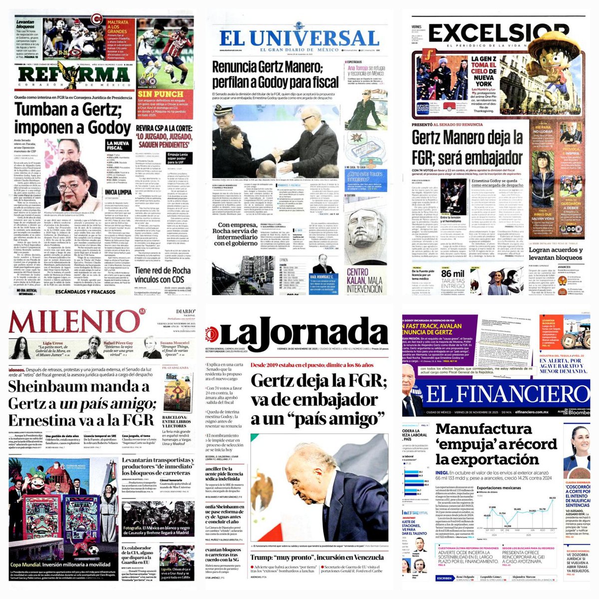 daniellemx_'s tweet image. Prensa en México ... #Reforma #ElUniversal #Excélsior #Milenio  #LaJornada #ElFinanciero #28noviembre2025