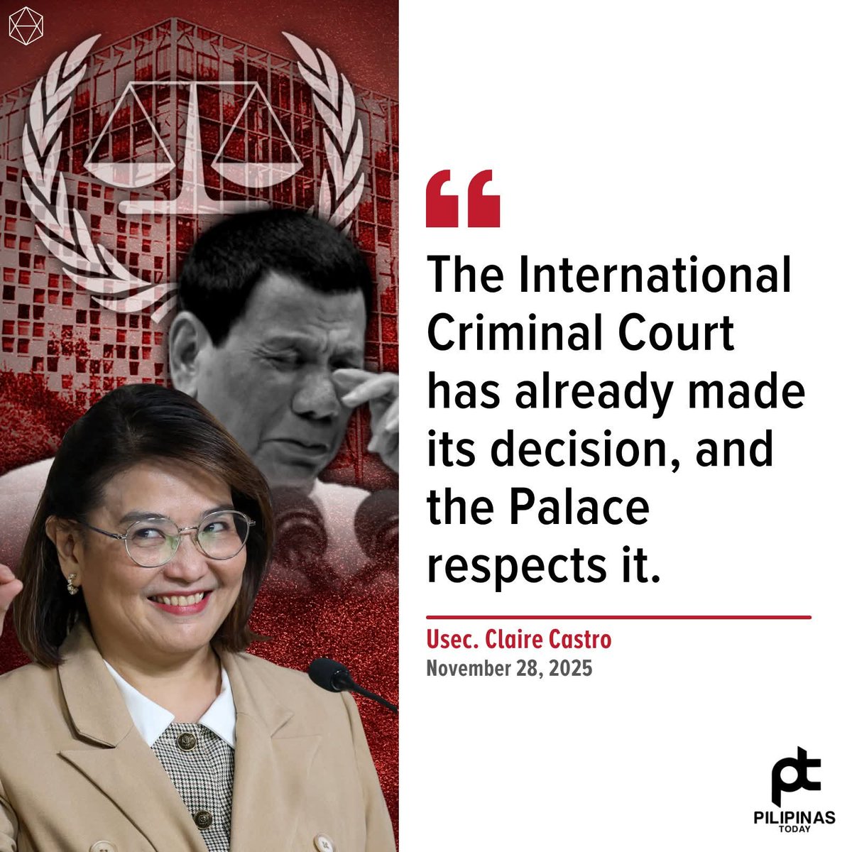 PilipinasToday_'s tweet photo. Naglabas ng pahayag ang Malacañang kasunod ng desisyon ng International Criminal Court (ICC) na ibasura ang apelang interim release para kay dating pangulong Rodrigo Duterte ngayong Biyernes, Nobyembre 28.

#PilipinasToday
#ClaireCastro
#RodrigoDuterte
#Duterte #Digong
#ICC #WarOnDrugs