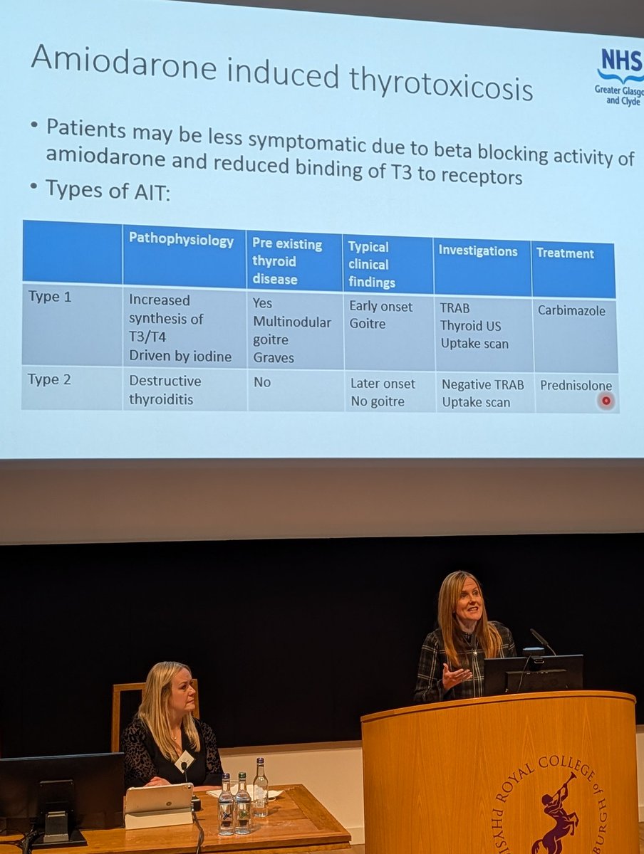Thyroid clinical pearls from Marie Freel at #rcpeStAs25

Amiodarone-induced thyrotoxicosis may have vaguer presentation as classic symptoms may be masked by... amiodarone!

200mg amiodarone = 20 x typical dietary intake of iodine!