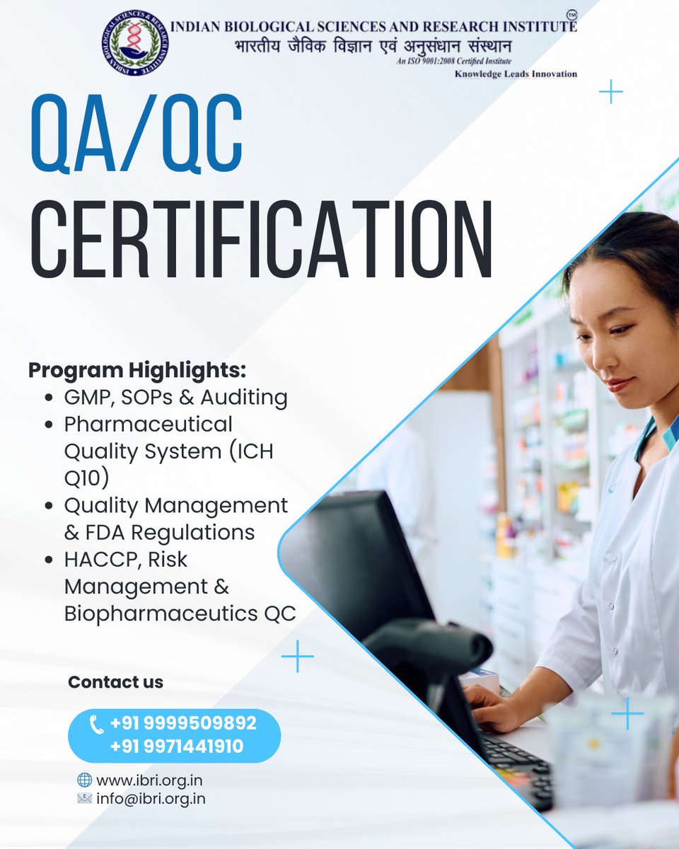 NoidaIbri's tweet image. Advance your pharma career with IBRI’s QA/QC Certification Course, designed to build strong foundations in pharmaceutical quality and regulatory standards.

Enroll: ibri.org.in/admission-form…
📞 +91 9999509892 | +91 99714 41910
📧 info@ibri.org.in

#Pharma #gmptesting #LifeSciences