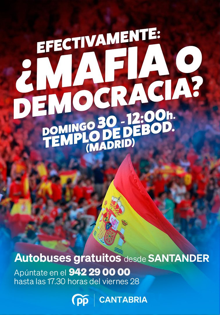 🔵 <a href="/mjburuaga/">M.J Sáenz de Buruaga</a> encabeza la representación del PP de Cantabria en la concentración del domingo en Madrid contra la corrupción y contra los que la sostienen

🚌 Fletaremos autobuses. Reserva de plazas en la sede regional hasta las 17:30h de hoy, viernes

ℹ️ ppcantabria.org/actualidad/not…