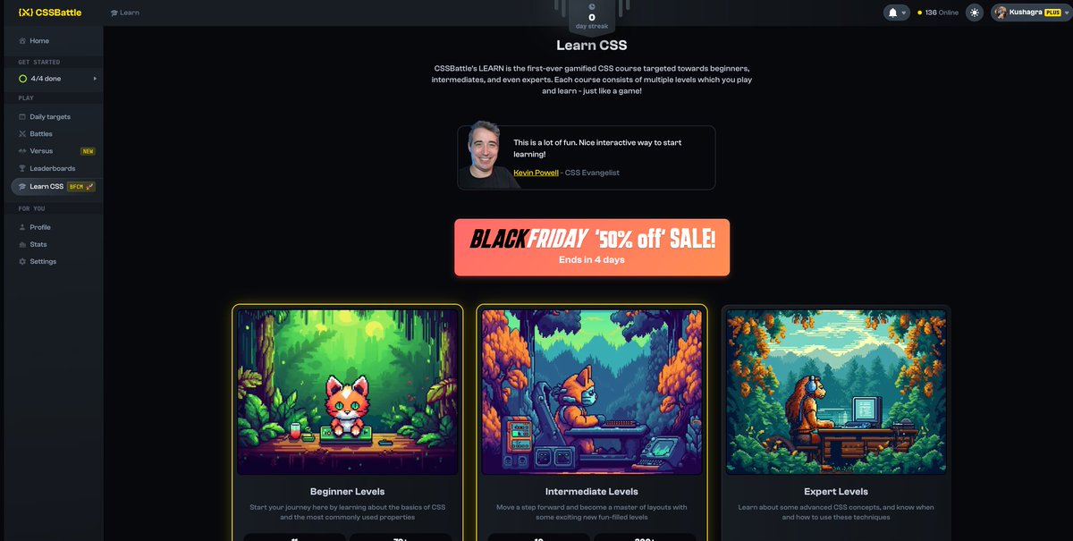 css_battle's tweet image. BFCM sale on CSSBattle Learn courses is ON!
Flat 50% OFF for 4 days! Go Go Go! 🏎️

#BFCM
