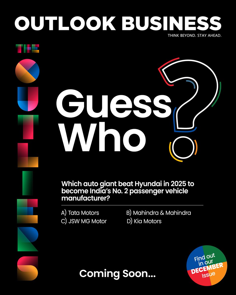 outlookbusiness's tweet image. 🚨 Poll Alert. Share your guess.

Which automaker overtook @HyundaiIndia in 2025 to become India’s No. 2 carmaker?

#BusinessQuiz #PollTime #GuessTheBrand

Share with your friends to test their knowledge.

@TataMotors @TheJSWGroup @KiaInd @Mahindra_Auto