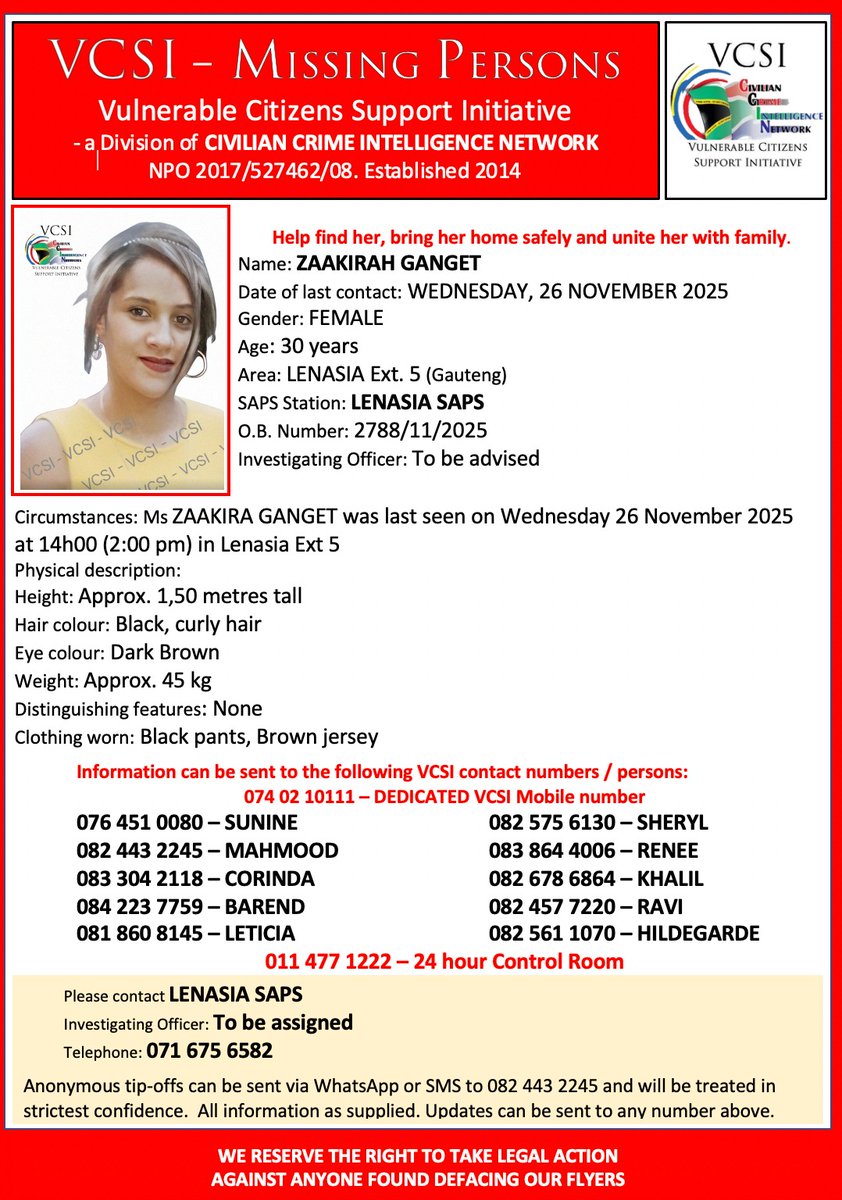 SCP_SECURITY's tweet image. 🚨 MISSING PERSON ALERT 🚨

VCSI is appealing to the public for assistance in locating a missing individual. If you have any information that could help, please contact your nearest police station or VCSI immediately.

Your vigilance could help bring someone home safely. 

#VCSI