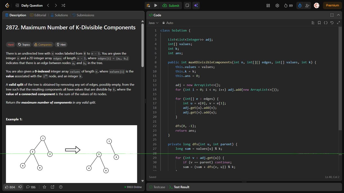 Aditya_Ch_20's tweet image. LeetCode daily done! 🔥

Solved Maximum Number of K-Divisible Components — a tough tree problem.
Streak hit 90 days today… consistency &amp;gt; everything 🚀

#LeetCode #90DaysOfCode #DSA #TreeProblems #CodingJourney #Java #LearningInPublic