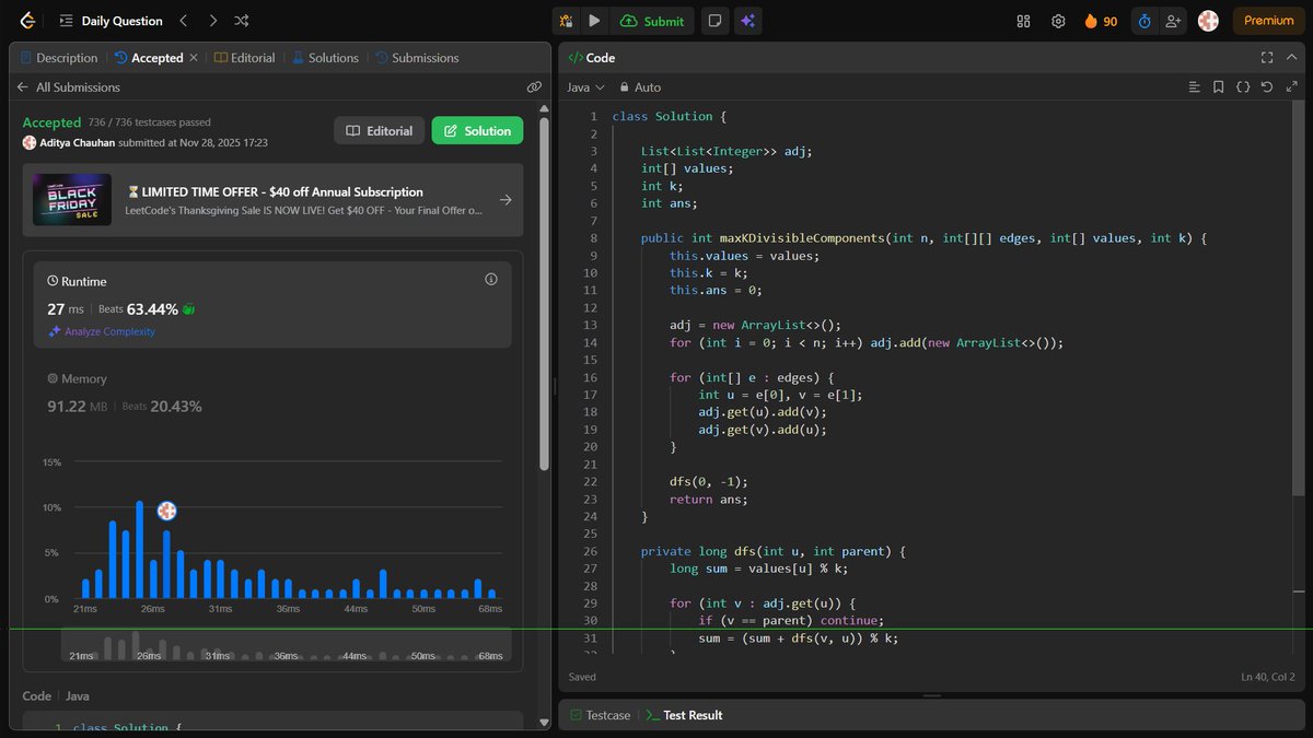 Aditya_Ch_20's tweet image. LeetCode daily done! 🔥

Solved Maximum Number of K-Divisible Components — a tough tree problem.
Streak hit 90 days today… consistency &amp;gt; everything 🚀

#LeetCode #90DaysOfCode #DSA #TreeProblems #CodingJourney #Java #LearningInPublic