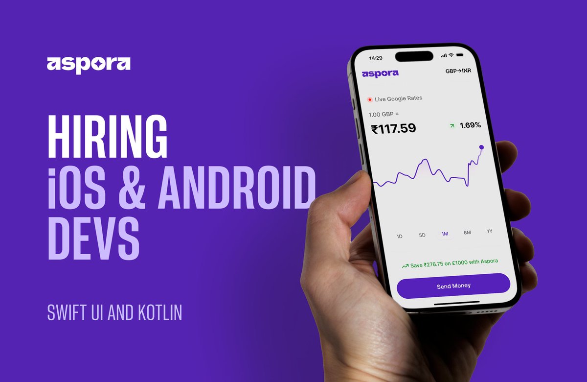 Saxam_'s tweet image. We’re hiring iOS &amp;amp; Android Devs for Aspora

If you can turn world-class UI into smooth, fast, pixel-perfect mobile apps, we want you.

Looking for:
• iOS (Swift / SwiftUI)
• Android (Kotlin)

On site - Bangalore📍

Dm or comment your work/portfolio site.