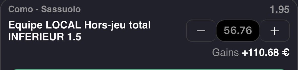 vdocompany's tweet image. SUREBET DÉTECTÉ 🚨🚨🚨

Match : Como - Sassuolo

Misez : 

43.24 sur +1.5 HJ Como 2.56 (Betify) ✅

56.76 sur -1.5 HJ Como 1.95 (Librabet) ✅

Et obtenez 10,7€ gratuitement ! ✅

- Par VDO Group