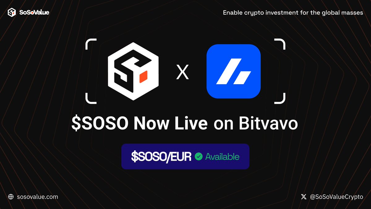 SoSoValueCrypto's tweet image. Appreciate the support from @bitvavocom

$SOSO is now available to millions of European users within a regulated environment - strengthening our presence in the EU market. 👇