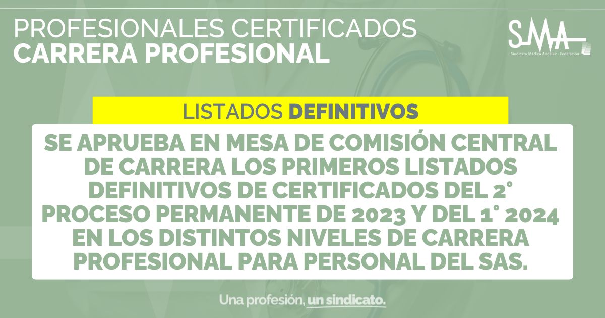 🟩 Se aprueba en mesa de comisión central de carrera los primeros listados definitivos de certificados del 2° proceso permanente de 2023 y del 1° 2024 en los distintos niveles de carrera profesional para personal del SAS.

📌 Los listados se publicarán la próxima semana
