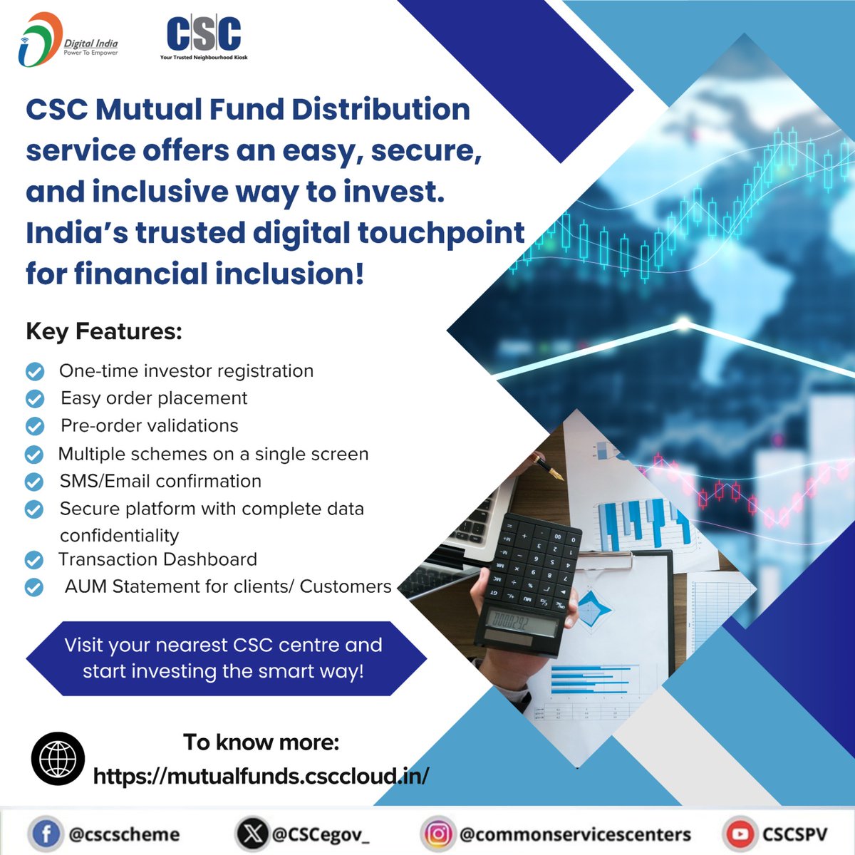 CSCegov_'s tweet image. VLEs can now access the Mutual Fund Dashboard &amp;amp; get the Client Portfolio Statement with a Single Click.

To know more: mutualfunds.csccloud.in

Visit your nearest CSC centre and start investing the smart way!

For any query, contact your Spocs and District Manager, or else mail…