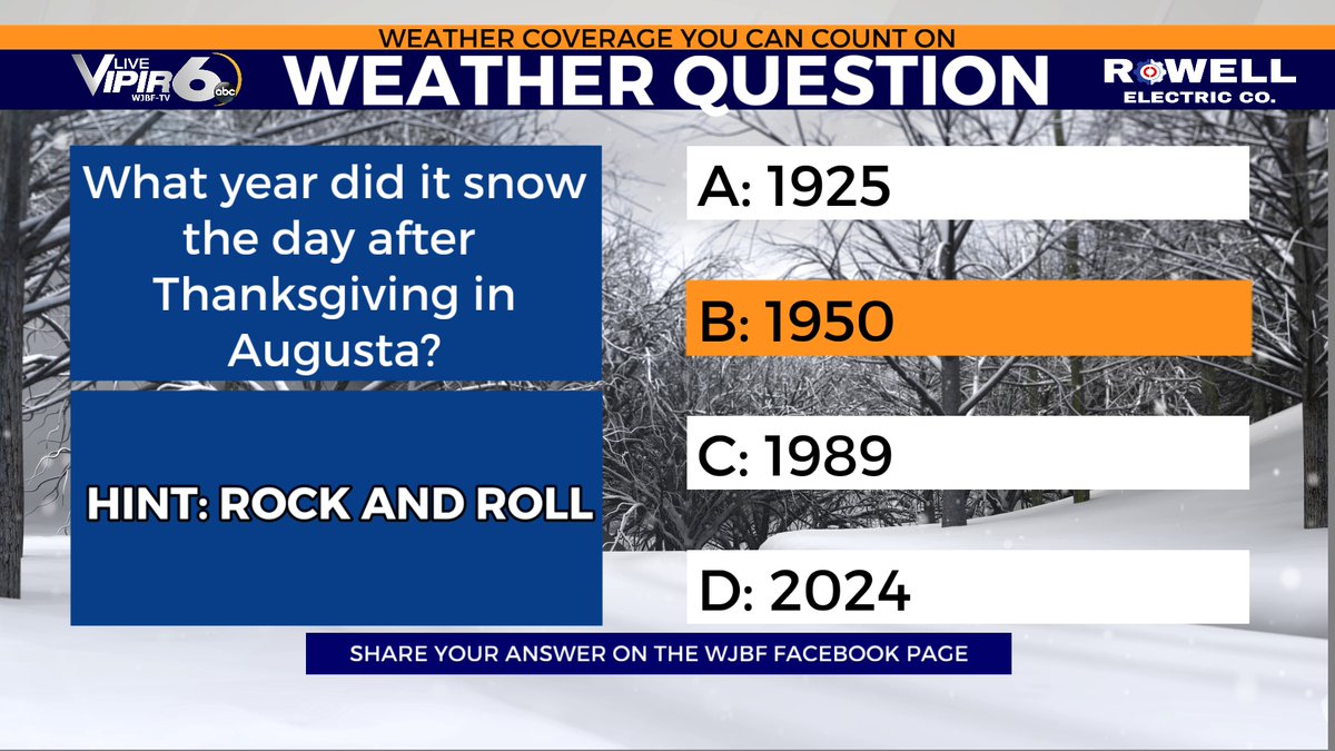 The answer to today's weather question is B (1950). It snowed a trace the day after Thanksgiving that year.