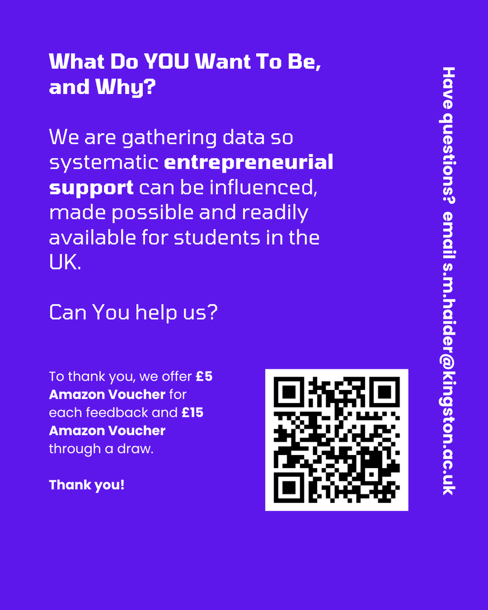 KingstonUni's tweet image. The GUESSS survey explores student entrepreneurship and career intentions across more than 60 countries. 🌍 

The First 50 students to complete the short survey will receive a £5 Amazon voucher and entered into a draw for a £15 voucher. 💸 

Take part 👇 
survey.questionstar.com/2500d2a4