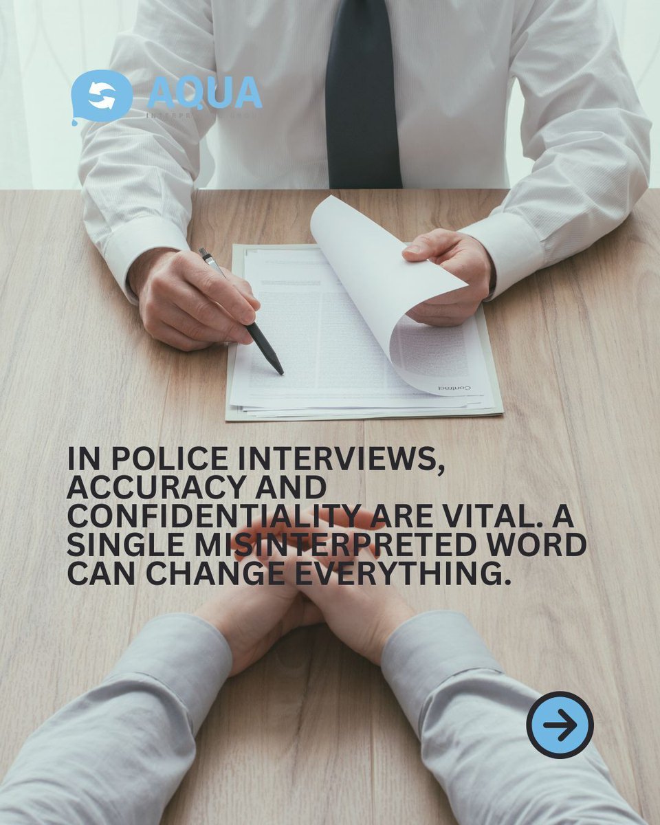 AquaInterpreter's tweet image. 👮 Accuracy in language can protect justice.
In police interviews, custody statements, and investigations, misinterpretation can have serious consequences.

Our #policeinterviewinterpreters guarantee every word is understood exactly as intended, keeping the process fair &amp;amp; precise