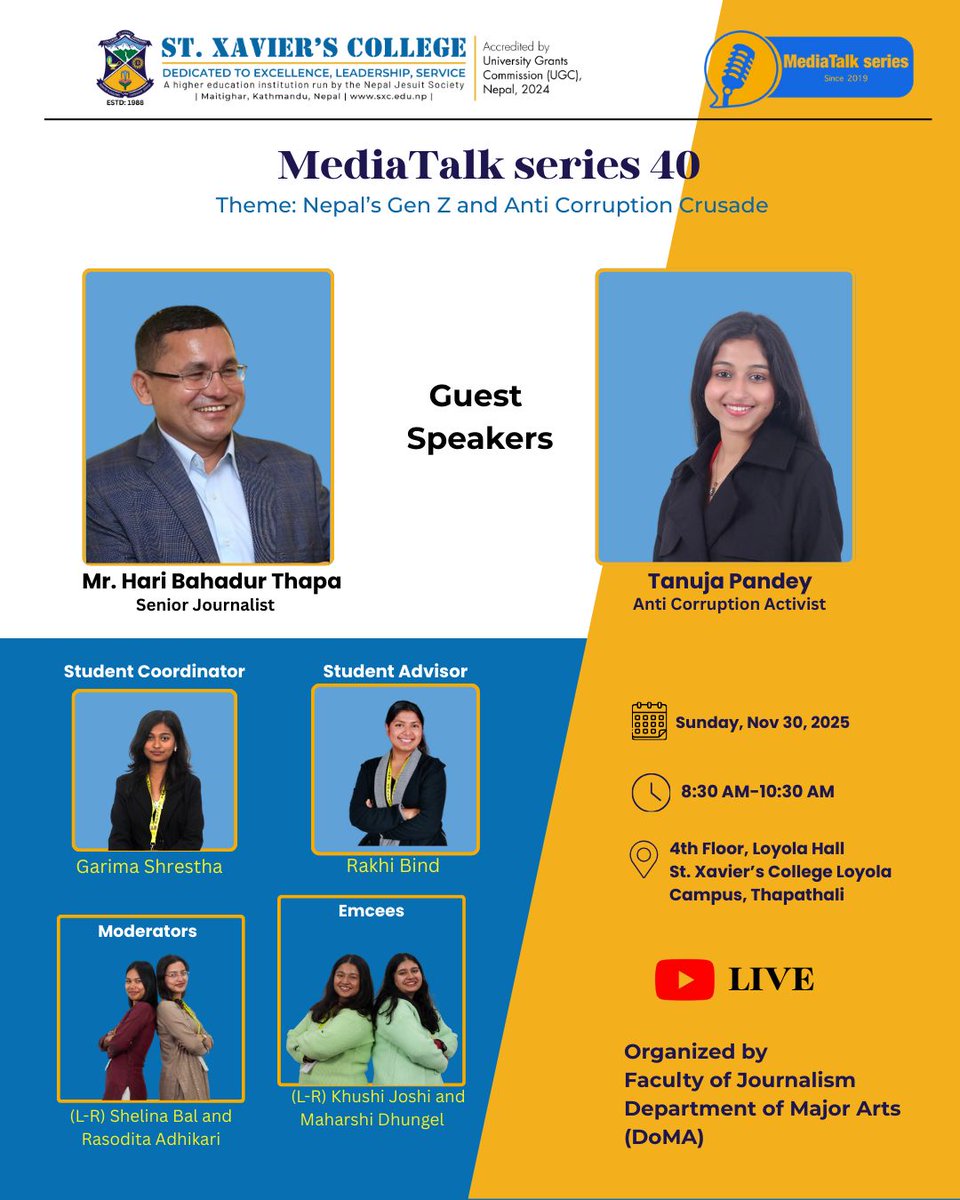 This Sunday, join us for a MediaTalk w/senior journalist <a href="/Haribthapa/">Hari Bahadur Thapa</a> &amp; <a href="/TanujaPandey_/">Tanuja pandey</a> a lawyer, founder of Harin Nepal &amp; one of the public faces of the Gen Z movement.  #anticorruption #GenZ  #Nepal