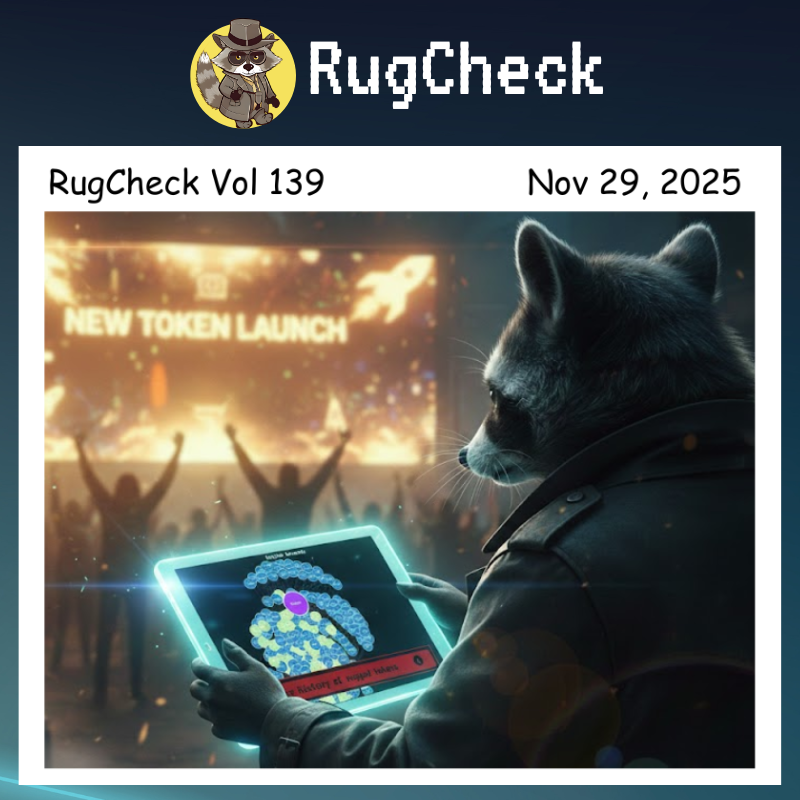 RugCheck Vol 139 삽화: 너구리 캐릭터가 토큰 출시를 분석하는 모습