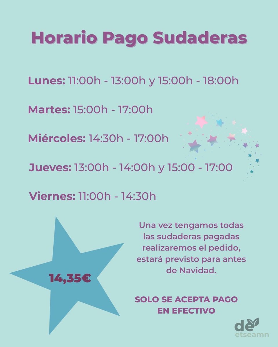 ¡Ya está abierto el periodo de pago de sudaderas! ✨

Recuerda que el precio es 14,35€ y que solo se acepta pago en efectivo. 💸

En cuanto estén todas las sudaderas pagadas, realizaremos el pedido para que lleguen antes de
Navidad 💫

¡No te quedes sin la tuya! 🩷