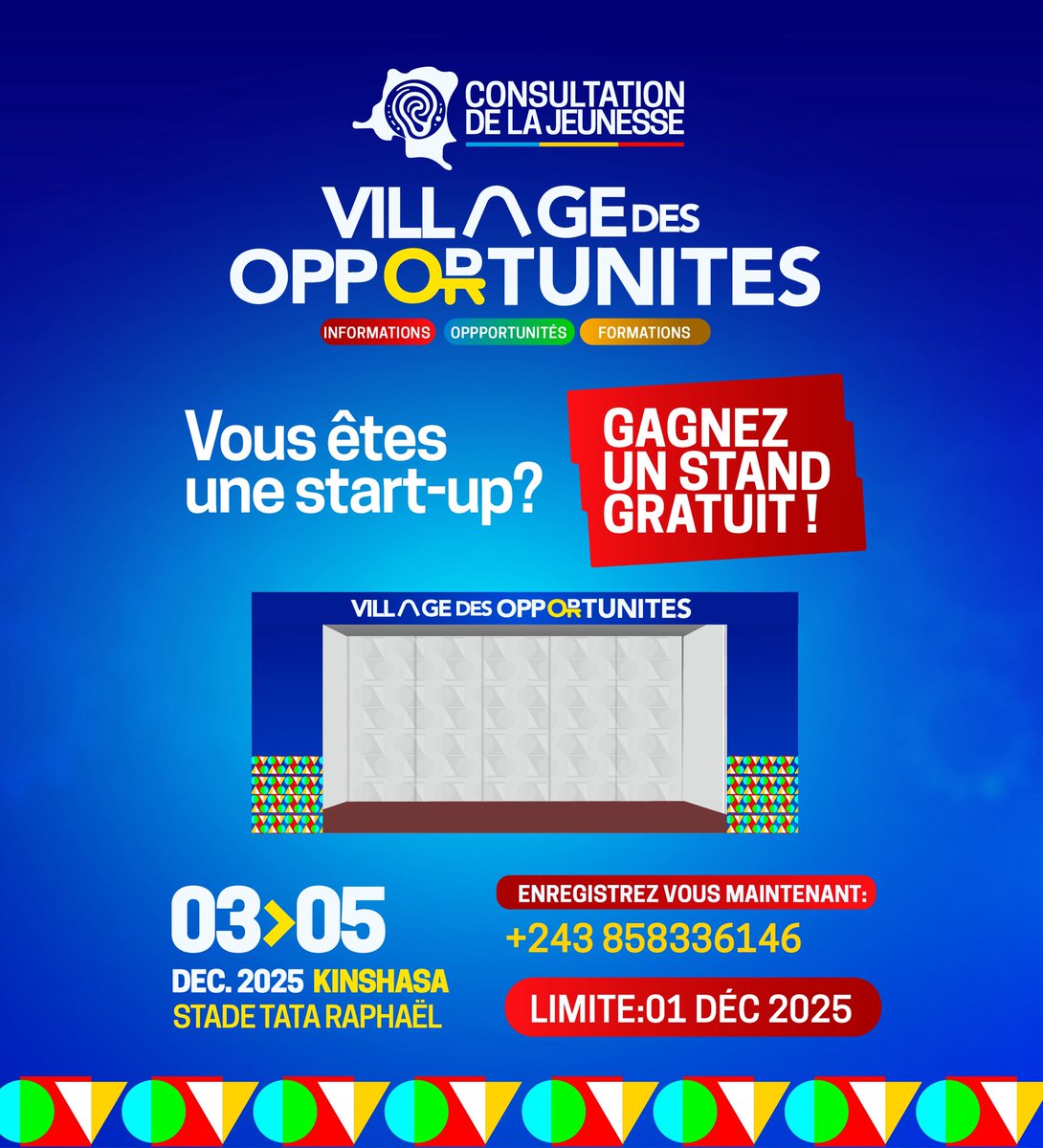 jeunesseEP_RDC's tweet photo. APPEL AUX START-UP : c’est maintenant ou jamais ! 

Vous avez un produit, une solution, une idée qui mérite d’être vue ?
Le Village des Opportunités vous ouvre ses portes… et vous offre la chance de gagner un stand GRATUIT!

Les places seront attribuées aux 15 premiers projets les plus prometteurs, ceux qui se démarquent par leur innovation, leur impact et leur potentiel.

📞 Postulez dès maintenant : 
+243 858 336 146

Clôture des candidatures : 01 décembre 2025

#VillageDesOpportunités #PrioritéJeunesse #LeloEzaYaBilenge