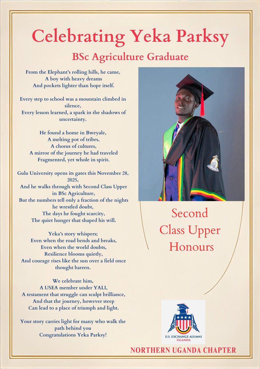 Congratulations to <a href="/yekaparksy/">parksy</a> of <a href="/YALINetwork/">YALI Network</a>!

He graduates with Second Class Upper Honours in BSc Agriculture from <a href="/GuluVarsity/">Gulu University</a>. His journey of resilience, hard work, and determination shines today.

We celebrate you and this remarkable achievement!
Go conquer the universe!