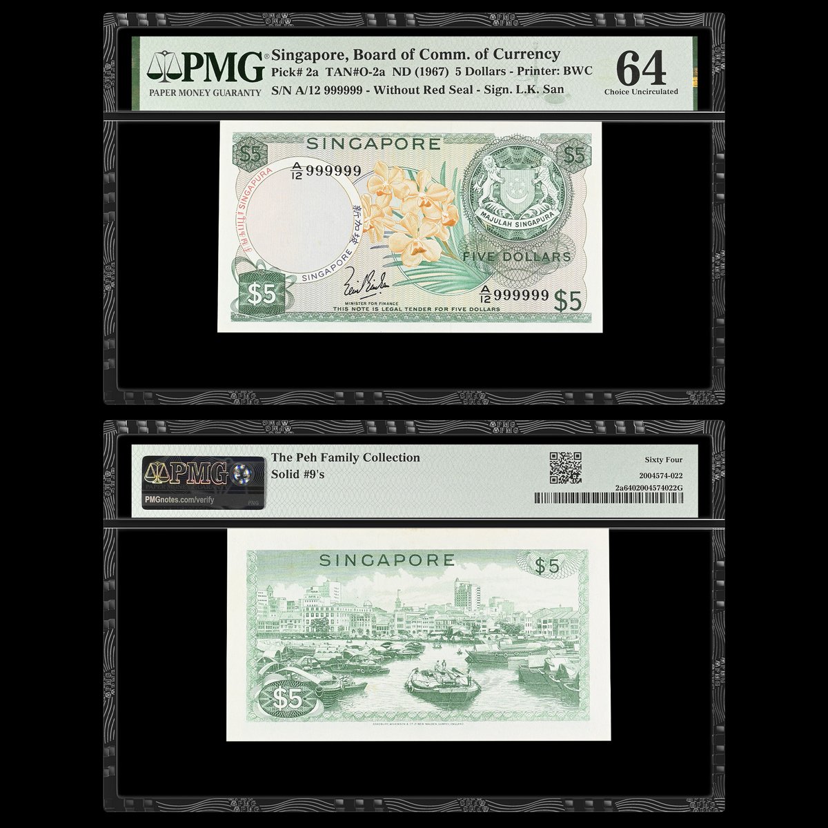 PMGnotes's tweet image. Note of the Day: For #FancyFriday, here’s a Singapore ND (1967) 5 Dollars with a Solid-9 Serial Number. You can find this note in a @HeritageAuction sale in December: tinyurl.com/4ff7fwn4  #papermoney #banknotes #singapore #dollar #sgd #nine #solidnine #solid9