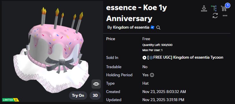 Xh0PlUgc's tweet image. 📣This item will be available today at 12PM ET.

📦Stock: 500
❗How to get it: You will simply need to log into the game and claim it.

➡️roblox.com/catalog/133718…
➡️roblox.com/games/18497432…

#Roblox #RobloxDev #RobloxFreeUGC #RobloxUGCLimited