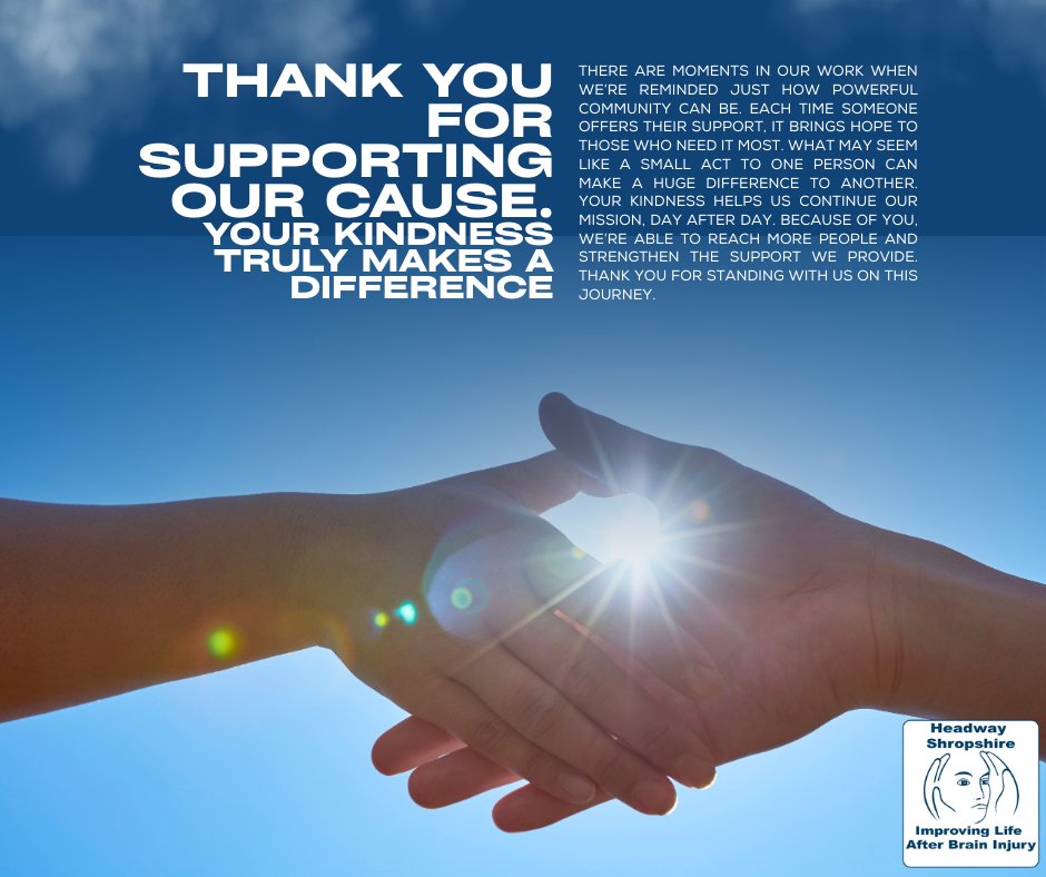 A huge thank you to everyone who supports Headway Shropshire. Your care and generosity keep our services thriving. We appreciate you more than words can say.

#HeadwayShropshire #ThankYou #CommunityMatters