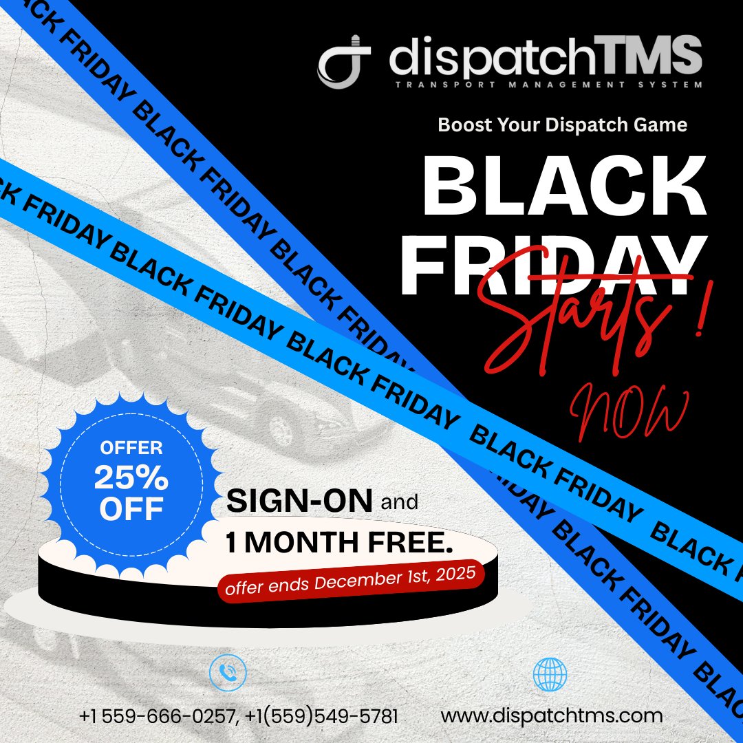 dispatchtms's tweet image. Boost Your Dispatch Game—Black Friday Starts NOW! Enjoy 25% off sign-on and 1 month free.

#BlackFriday #BlackFridaySale #BlackFridayDeals #fleetmanagement  #trucker #dispatchtms  #logisticsoperations #logistics