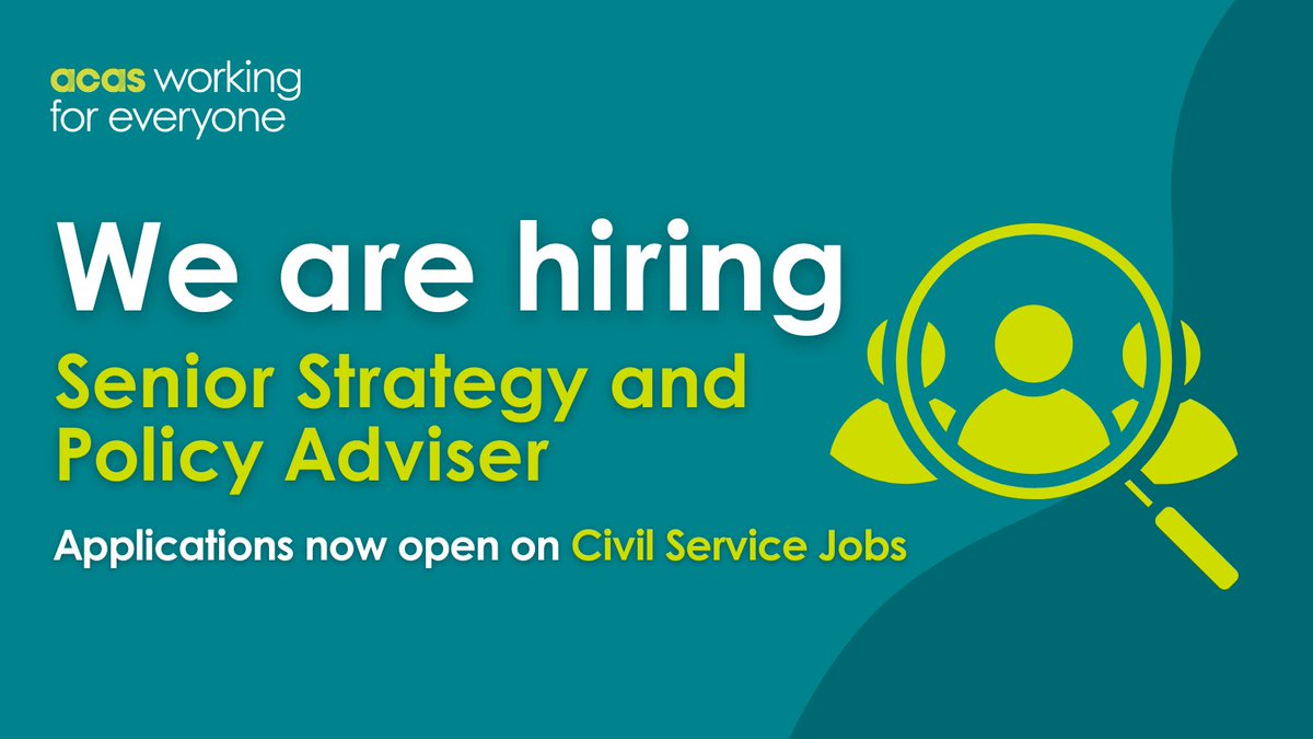 Acas is hiring! We’re looking for a Senior Strategy and Policy Adviser to help shape our strategic direction and national policy work. Interested in making a real impact on UK workplaces? Apply now. 👇
civilservicejobs.service.gov.uk/csr/jobs.cgi?j…

#jobs #hiring #Wales