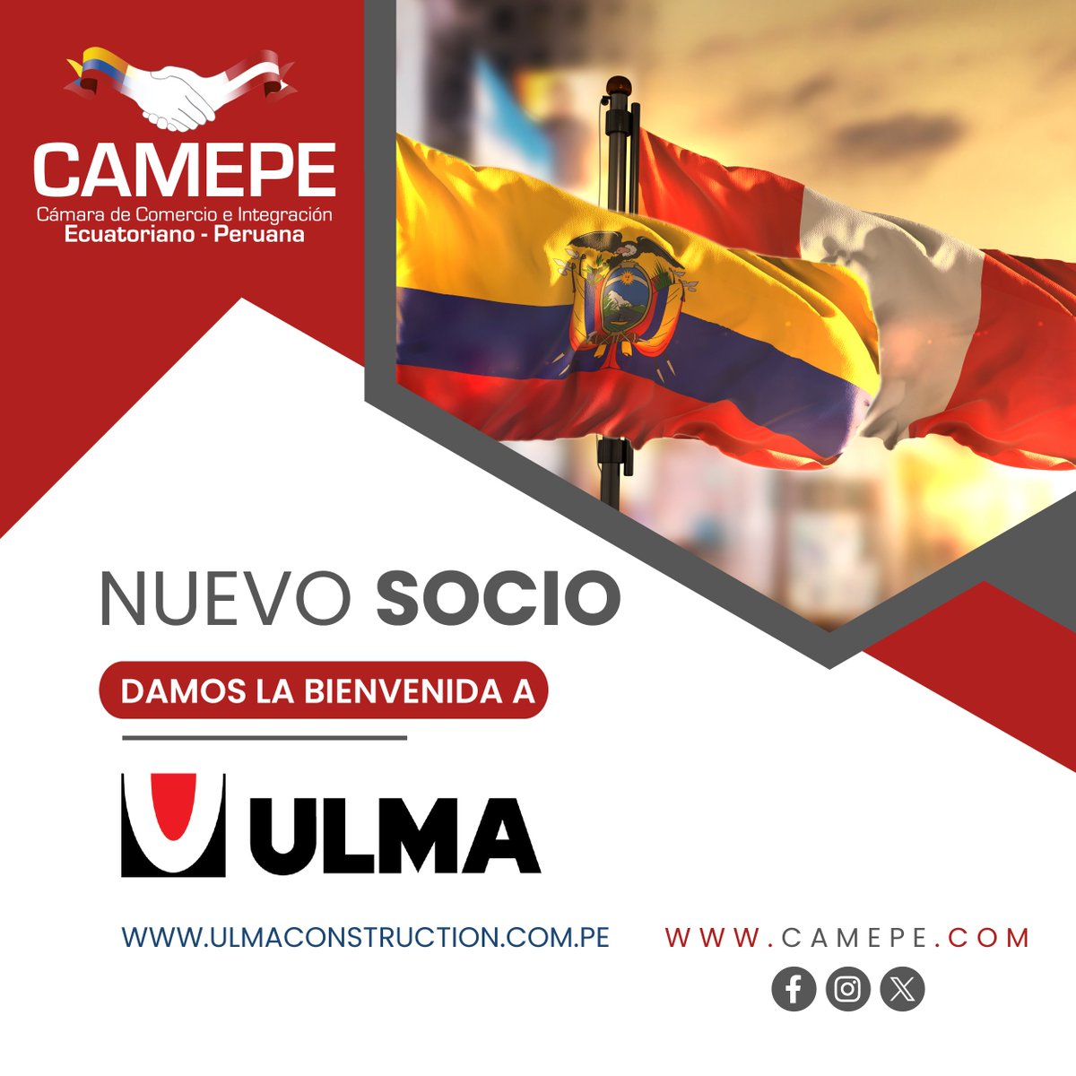 🤝 Nuevo socio en nuestra red

#ULMA, firma española con más de 20 años de experiencia en Perú y referente en encofrados y andamios homologados, se suma a la membresía para fortalecer su presencia en Ecuador.

Ofrecerá a los socios descuentos, asesoría técnica y capacitaciones.