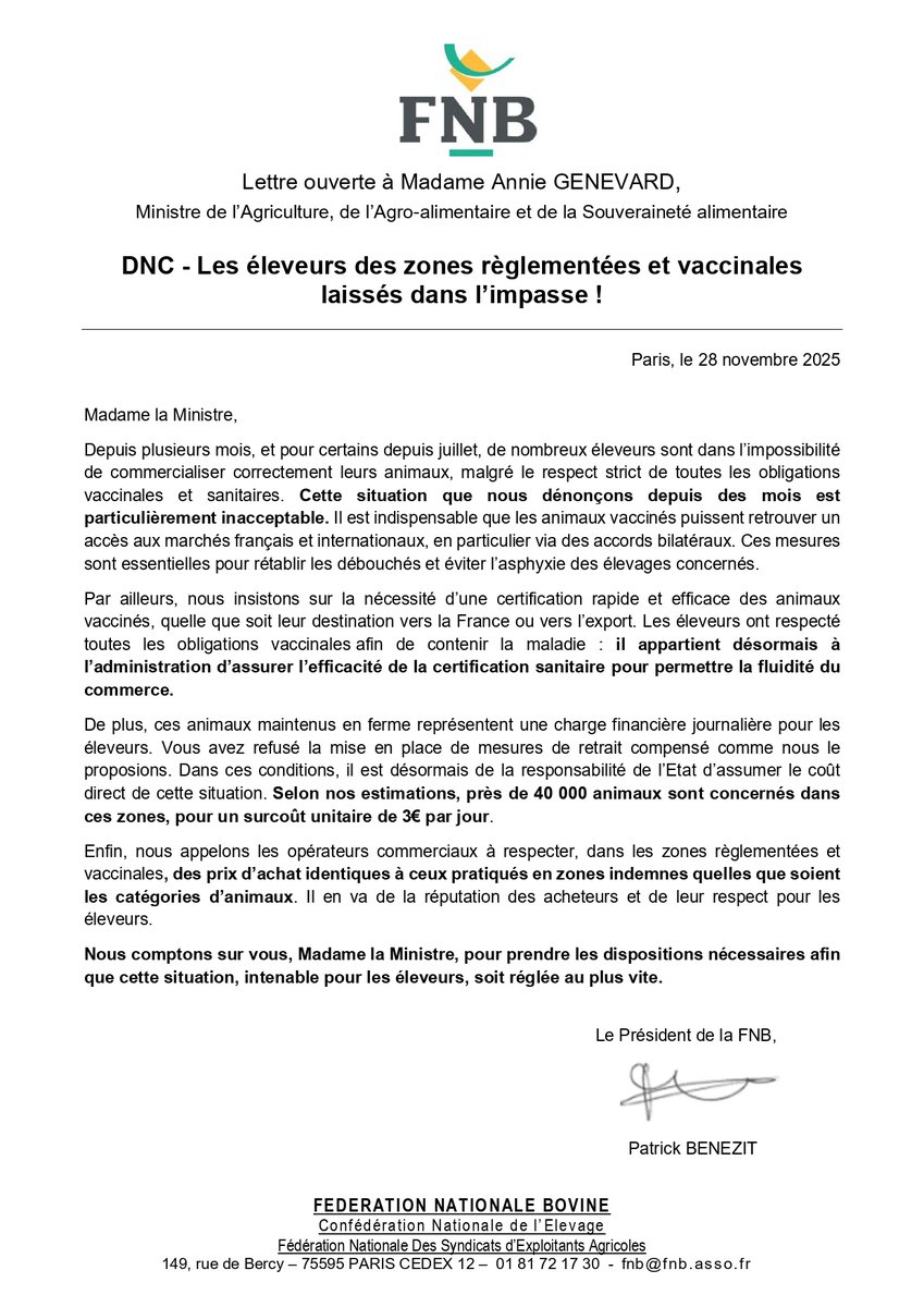 🚨 #DNC : situation intenable pour les éleveurs des zones règlementées et vaccinales🐂 !
👉 Nos demandes : accès aux marchés 🇫🇷🇪🇺, certification rapide, prise en charge du surcoût en ferme et respect des prix par les opérateurs !
<a href="/AnnieGenevard/">Annie Genevard</a>