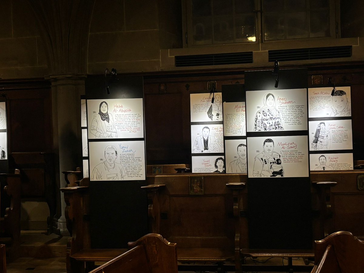 channeldraw's tweet image. 01 - In #Bern, at the Heiliggeistkirche, my portraits of journalists killed in #Gaza are on display. They are not political slogans: they are faces. They don’t show flags, they don’t call for anyone’s destruction. They ask only one thing: that these people are not forgotten.