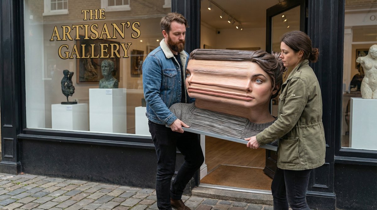 1. take this image and split it, put one half on either side of the output, and between the halves drag the colors across – stretching out the middle like it's a physical thing

2. rotate the view of this sculpture

3. show a photo of two people carrying this wooden sculpture out