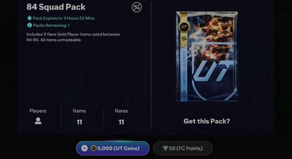 FUT_Ranks's tweet image. 💰 Unbelievable Value Pack Alert! 🤩

It&apos;s 11x 84-85 rated players, that&apos;s roughly 500 coins per card! 🤯
Plus, a 53% chance of pulling a TOTW! This pack is seriously worth it. 💸

This is a MUST OPEN right now! 👀👍

#EAFC #FC26