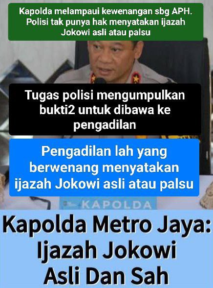 1. Kapolda melampaui kewenangan sebagai APH. Kapolda/polisi tak punya hak menyatakan ijazah Jokowi asli atau palsu

Tugas polisi mengumpulkan bukti2 untuk dibawa ke pengadilan

"Kapolda Metro Jaya: Ijazah Jokowi Asli dan Sah"

#JokowiPenjualMorowali
#JokowiPenjualMorowali