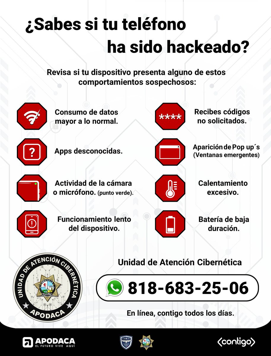 ¿Tu celular presenta alguno de estos comportamientos sospechosos? Es posible que se encuentre comprometido. #ServirYProteger #ElFuturoViveAquí
