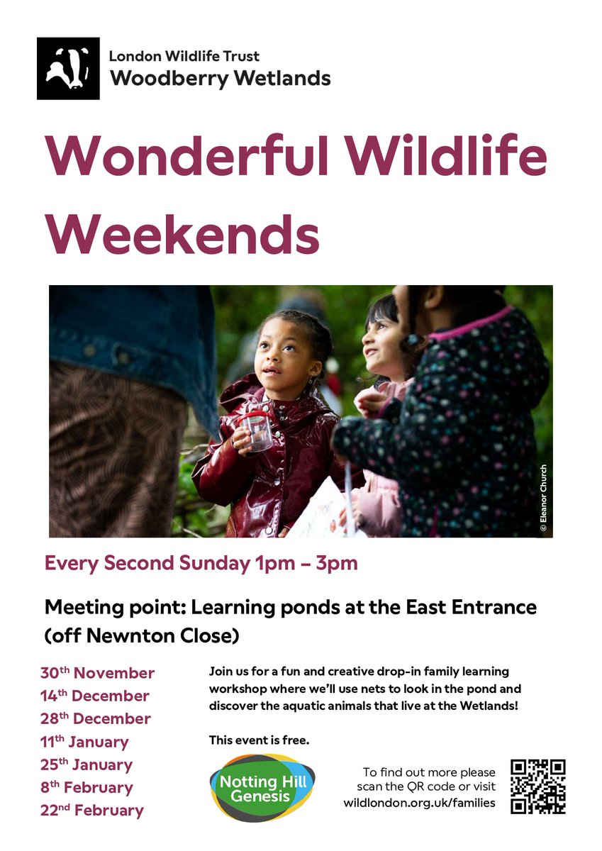 Join the Free learning activities at the Woodberry Wetlands nature reserve!

Every second Sunday, they run a free drop-in session where visitors can explore our ponds for wildlife, watch birds, and discover more about nature.