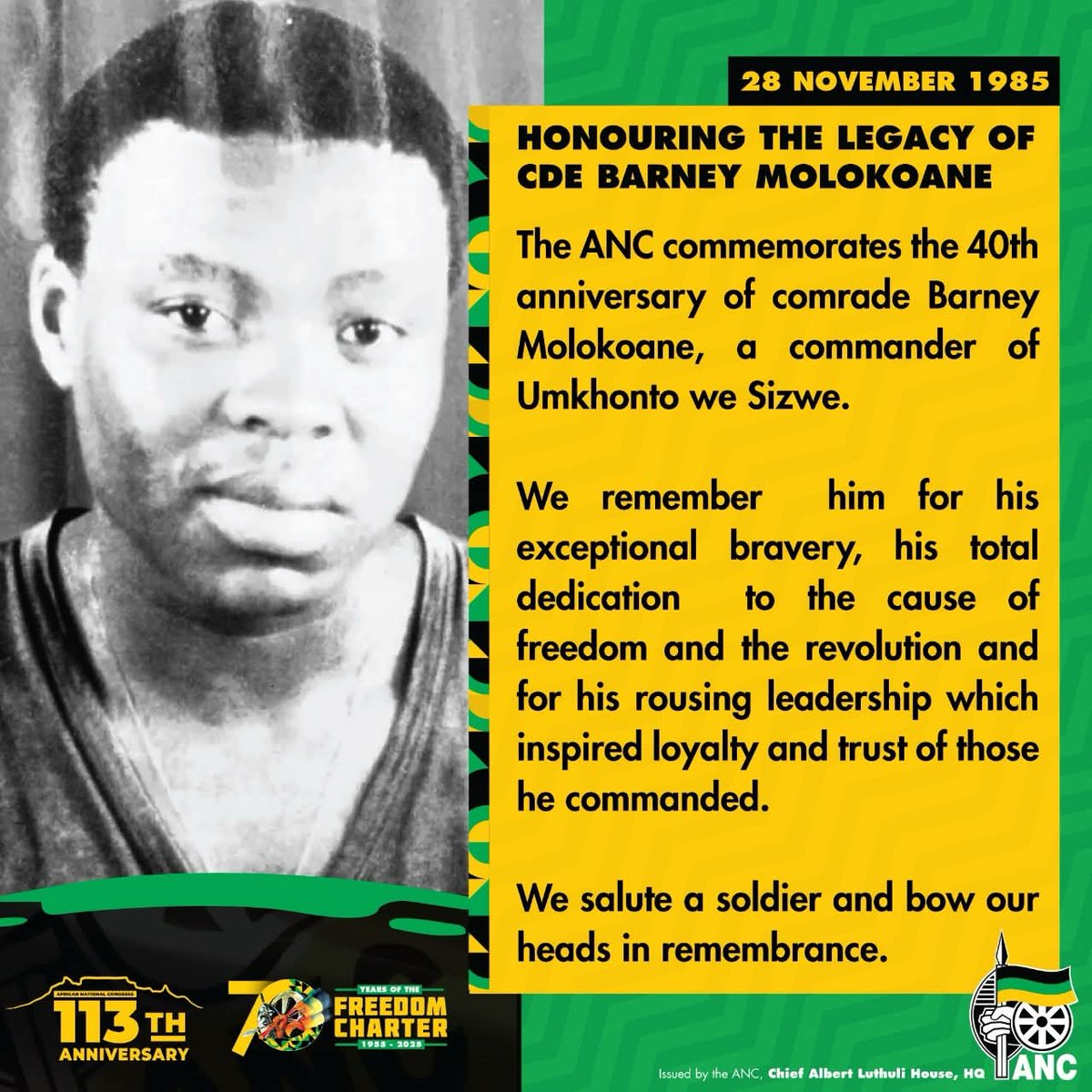 Magiftana645992's tweet photo. Today, the ANC honours legacy of Cde Richard “Barney” Molokoane, an MK commander whose courage, sacrifice, and unwavering commitment to the freedom struggle continue to inspire our movement. We remember his bravery, his leadership, and his devotion to the ideals of liberation. https://t.co/do5Rg3jOzq