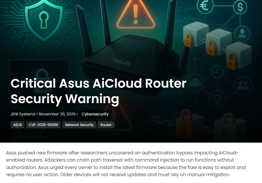 JeniSystems's tweet image. A severe Asus AiCloud router flaw lets attackers bypass logins and run commands, making fast firmware updates essential. jenisystems.com/asus-aicloud-r… #RouterSecurity #CyberThreats #CVE202559366