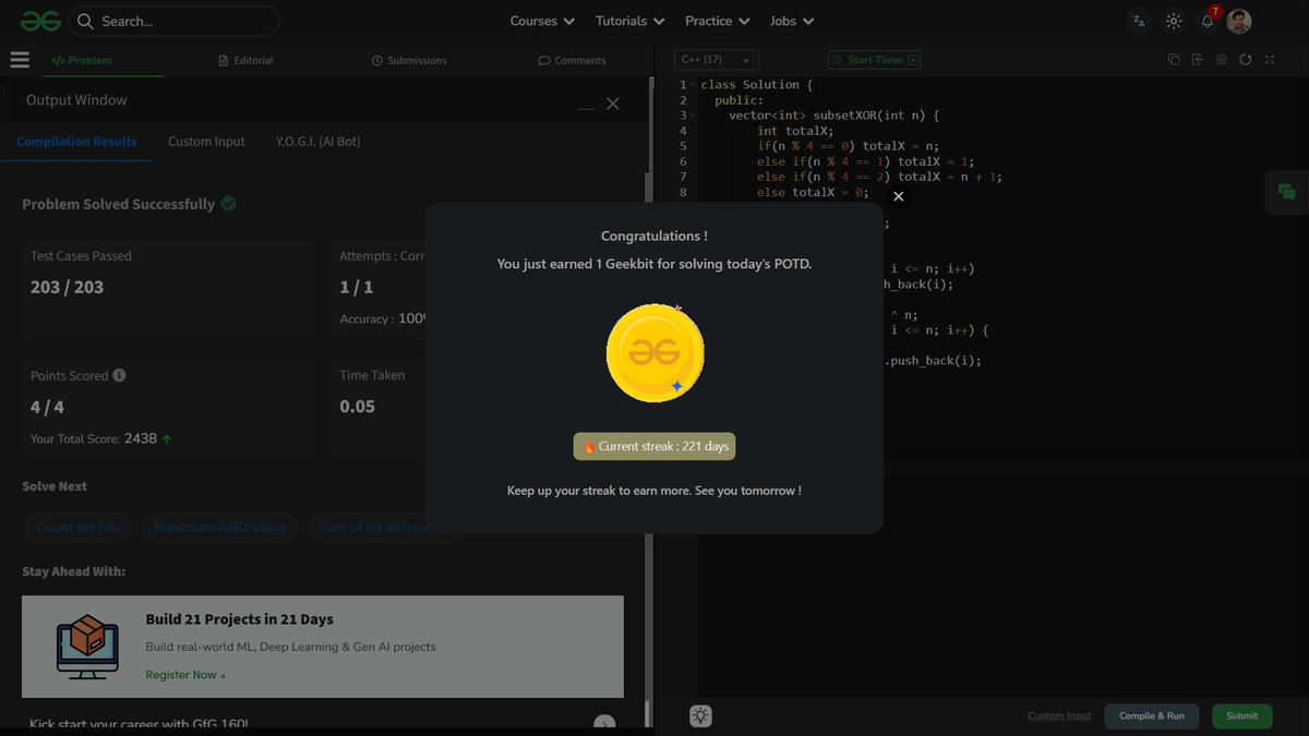 shahidx_05's tweet image. Day 258 – #365DaysOfCode

✅ K-Divisible Tree Components
✅ GFG POTD – Subset XOR
✅ Codeforces 12A

#DSA #LeetCode #GfG #Codeforces #CompetitiveProgramming #ProblemSolving #LearnInPublic #buildinpublic