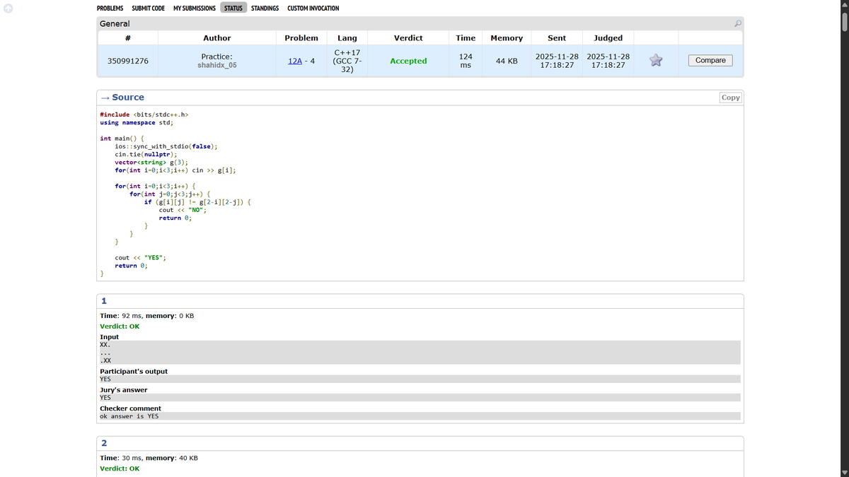 shahidx_05's tweet image. Day 258 – #365DaysOfCode

✅ K-Divisible Tree Components
✅ GFG POTD – Subset XOR
✅ Codeforces 12A

#DSA #LeetCode #GfG #Codeforces #CompetitiveProgramming #ProblemSolving #LearnInPublic #buildinpublic