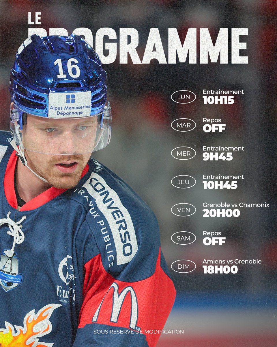 🗓 𝐋𝐄 𝐏𝐑𝐎𝐆𝐑𝐀𝐌𝐌𝐄 𝐃𝐄 𝐋𝐀 𝐒𝐄𝐌𝐀𝐈𝐍𝐄

2️⃣ rencontres au programme de cette semaine pour nos BDL avant la trêve internationale ! 🔥

J2️⃣3️⃣
📅 vendredi 5 décembre
⏰ 20h00
🆚 Chamonix
🏟 Patinoire Polesud
🎟️ urls.fr/my1flp

J2️⃣4️⃣
📅 dimanche 7 décembre
⏰