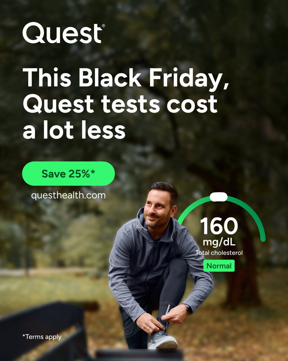 Kick-start your wellness journey with a Black Friday special from Quest. ✨ From hormones and cholesterol to vital organ health and general well-being, there’s a test that can help you gain a deeper look into what's happening inside your body. Save up to 25% off* select tests at